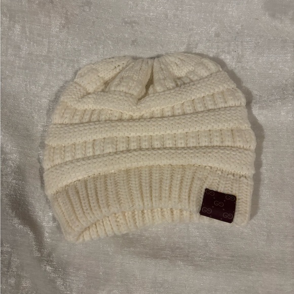Cozy Cream Knit Beanie with up cycle patch ponytail beanie main image 4